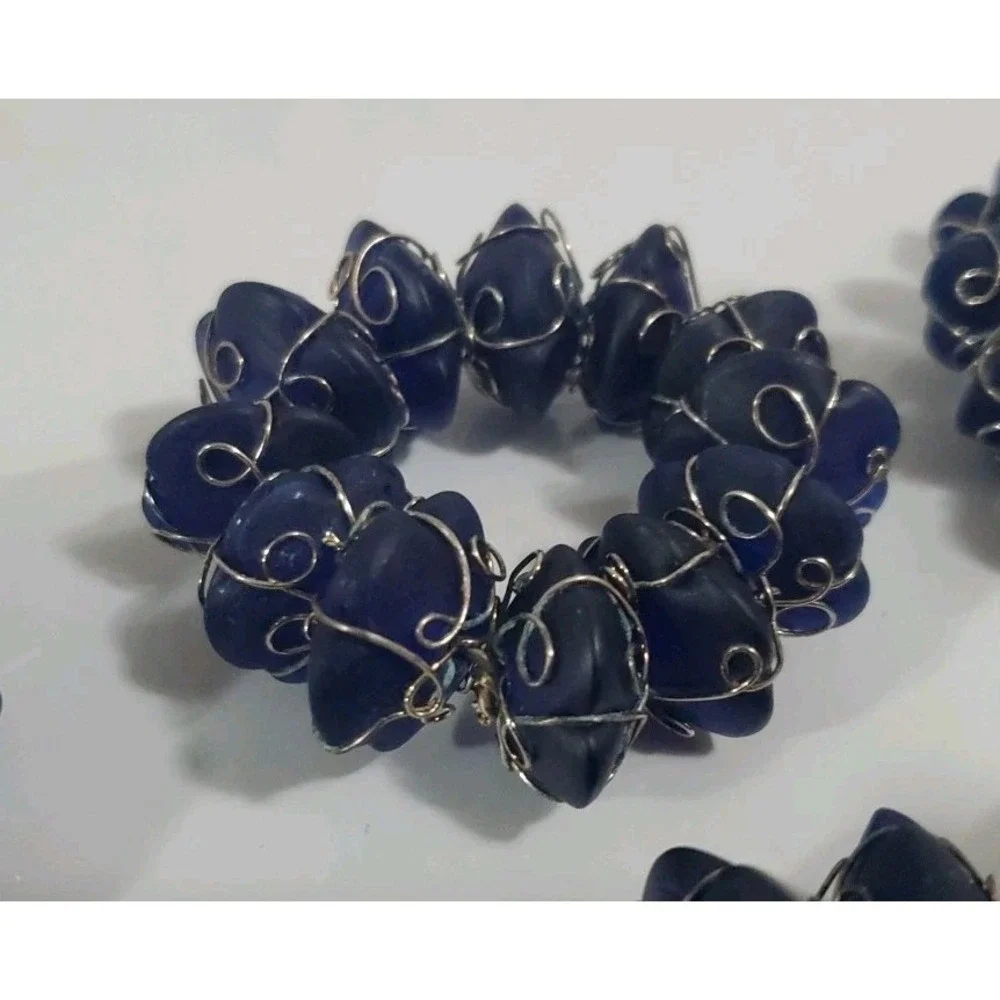 Vintage‎ Blue Stone and Wire Napkin Rings set of 6 Abstract Bohemian Summer Fall